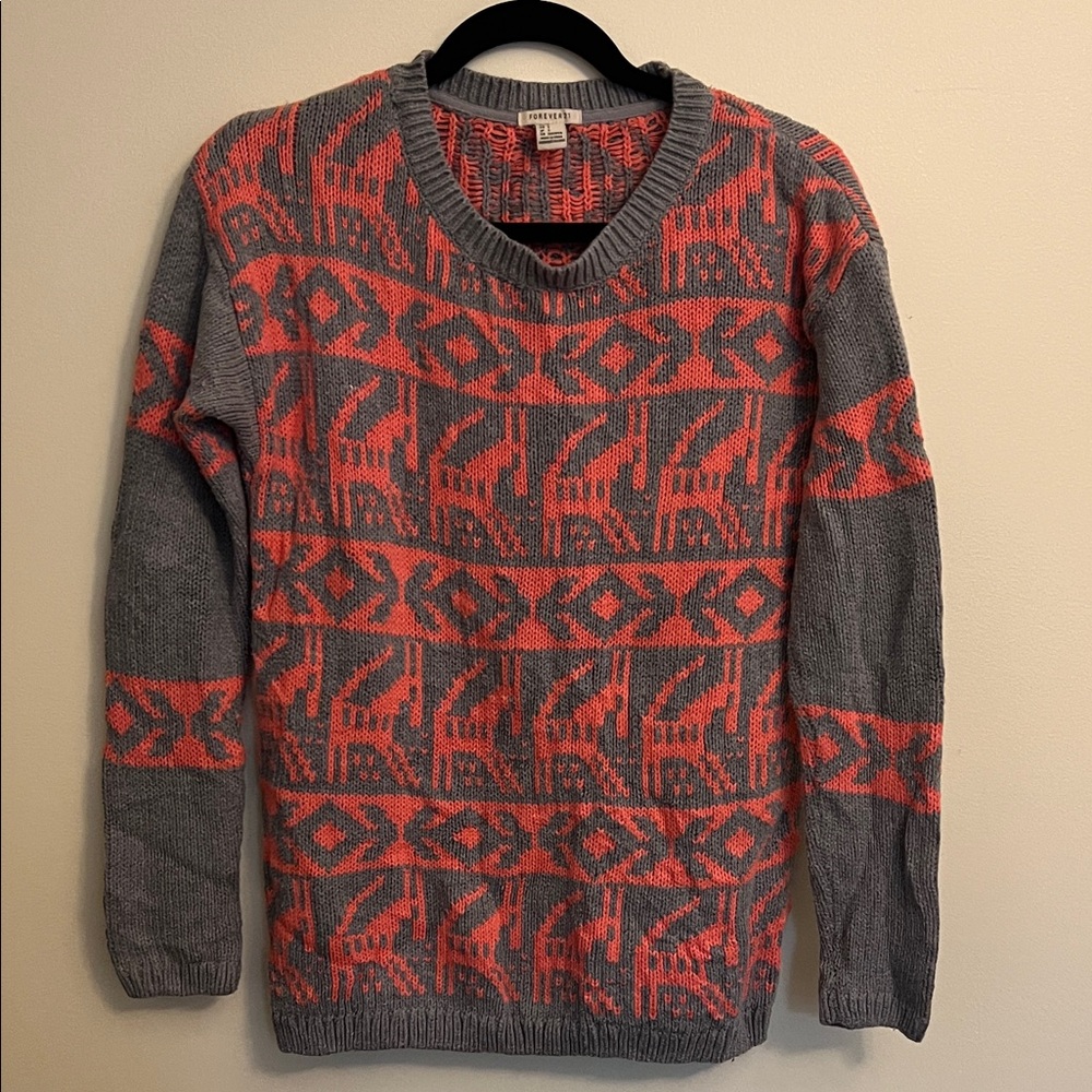 Forever 21 Gray and Pink Geometric Crewneck Sweater